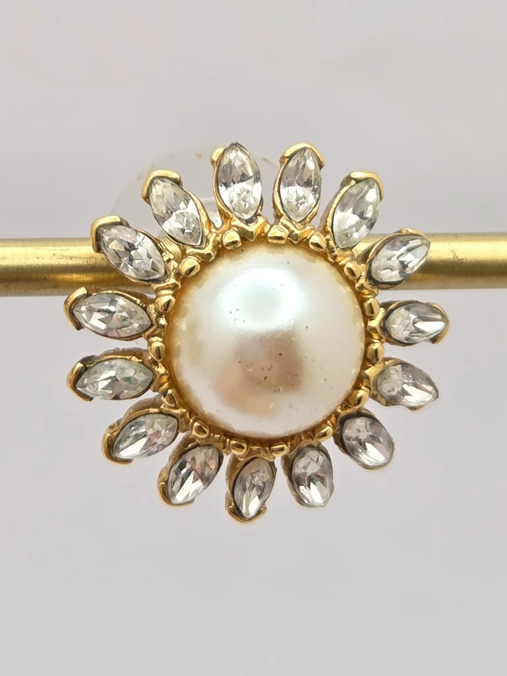 Vintage Monet Faux Pearl & Rhinestone Sunburst Stud Earrings | Gold Tone Pierced